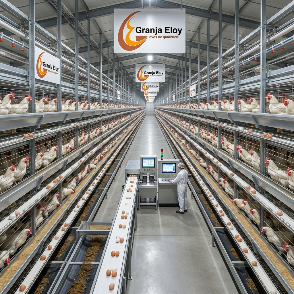 Interior do aviário da Granja Eloy com esteira automatizada de coleta de ovos e produção em grande escala